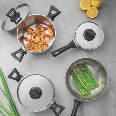 Jogo de 4 Panelas Tramontina Brava Baquelite Aço Inox Fundo Triplo Cabos Alças Baquelite Preto
