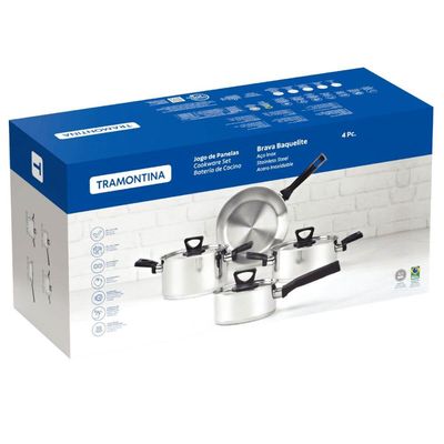 Jogo de 4 Panelas Tramontina Brava Baquelite Aço Inox Fundo Triplo Cabos Alças Baquelite Preto