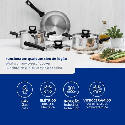 Jogo de 4 Panelas Tramontina Brava Baquelite Aço Inox Fundo Triplo Cabos Alças Baquelite Preto