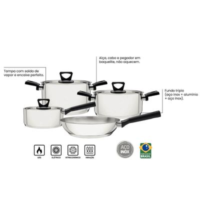 Jogo de 4 Panelas Tramontina Brava Baquelite Aço Inox Fundo Triplo Cabos Alças Baquelite Preto