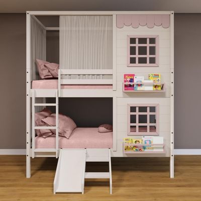 Beliche Casinha Reta 2 Janelas Escorregador Cortina Rosa
