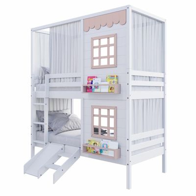 Beliche Casinha Reta 2 Janelas Escorregador Cortina Rosa