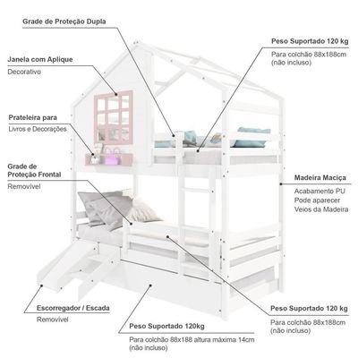 Treliche Casinha Com Janela Com Escada- Escorregador E Grade De Proteção Madeira Branco- Rosa