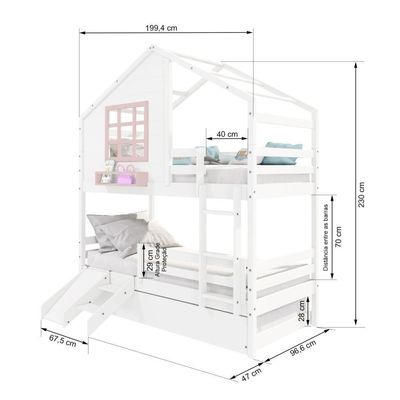Treliche Casinha Com Janela Com Escada- Escorregador E Grade De Proteção Madeira Branco- Rosa