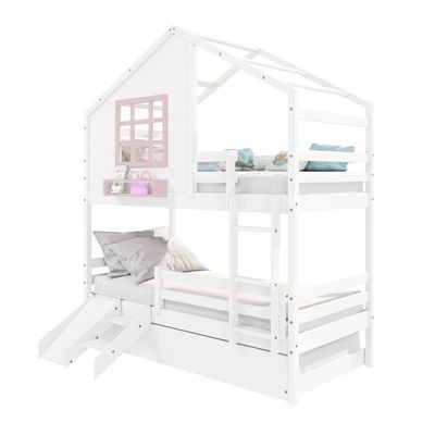 Treliche Casinha Com Janela Com Escada- Escorregador E Grade De Proteção Madeira Branco- Rosa