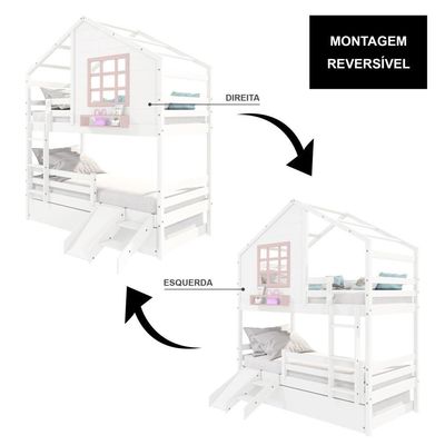 Treliche Casinha Com Janela Com Escada- Escorregador E Grade De Proteção Madeira Branco- Rosa