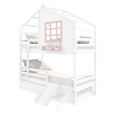 Treliche Casinha Com Janela Com Escada- Escorregador E Grade De Proteção Madeira Branco- Rosa