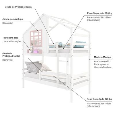 Beliche Casinha Janela Grade Proteção Madeira Branco-Rosa