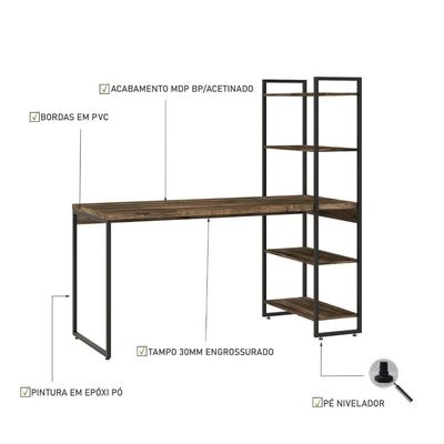 Mesa C/estante Alta 150x64x147cm C/04 Prateleiras Carvalho Dark / Est.preta