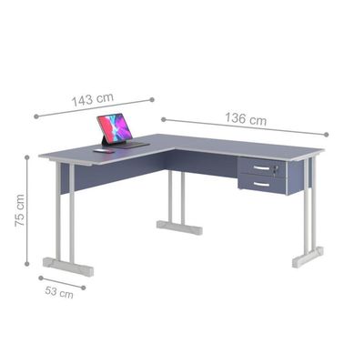 Mesa Em L Com 2 Gavetas Rael Azul