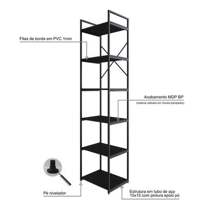 Estante Alta C/06 Prateleiras 185x45x33cm Yon Preto Tx/est.preta Preto Tx/est.preta