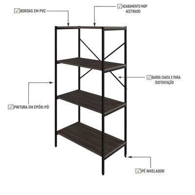 Estante C/04 Prateleiras 118x60x33cm Tub Tueh1164 Nogal - Est.preta Nogal / Est.preta