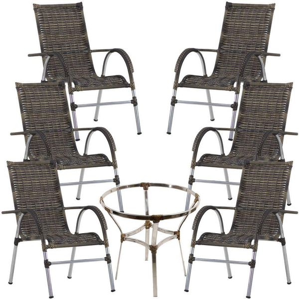 6 Cadeiras Alumínio E Mesa S/tampo Varanda Jardim Piscina Cappuccino
