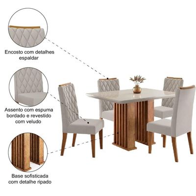 Conjunto De Mesa Sala De Jantar Tampo Com Vidro Mond 1,20m 4 Cadeiras Bele Veludo Viero Madeirado