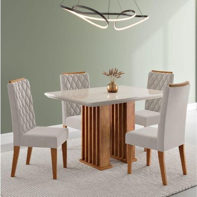 Conjunto De Mesa Sala De Jantar Tampo Com Vidro Mond 1,20m 4 Cadeiras Bele Veludo Viero Madeirado