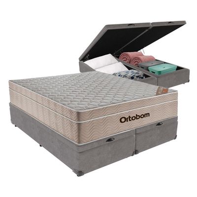 Cama + Box Airtech Colchão Ortobom Queen Com Baú Bege Springpocket Cinza