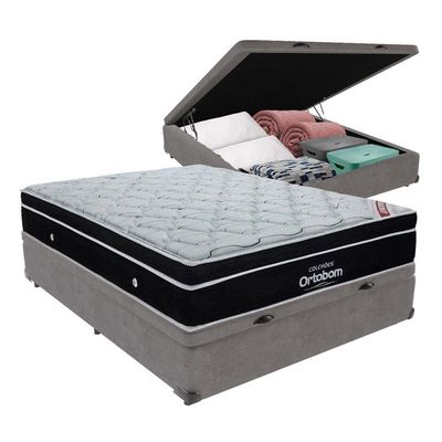 Cama + Box Casal Com Base Baú Europillow Mola Ensacada Cinza