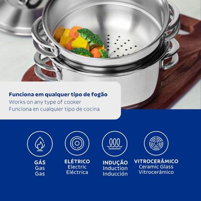 Jogo de Cozi Vapore Tramontina Solar em Aço Inox Fundo Triplo com Alças 2 peças 16 cm