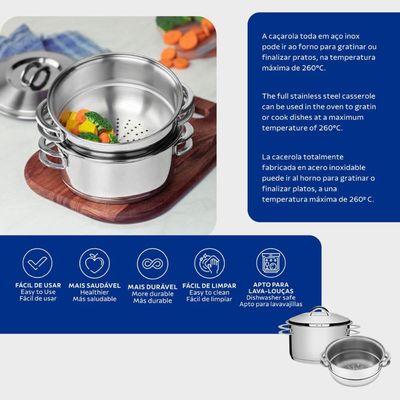 Jogo de Cozi Vapore Tramontina Solar em Aço Inox Fundo Triplo com Alças 2 peças 16 cm
