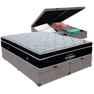 Cama Box Baú Cinza E Colchão Elegant Molas Ensacadas King Ortobom