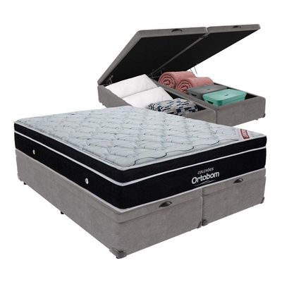 Colchão Elegant Ortobom Base Baú Bege King Molas Ensacadas Cinza