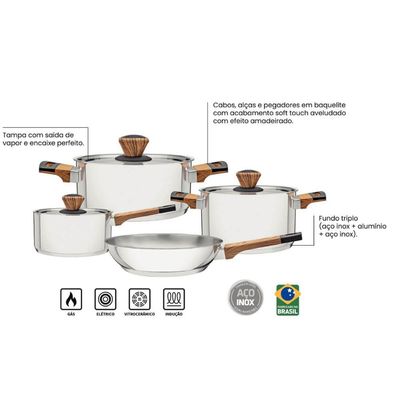 Jogo 4 Panelas Tramontina Brava Baquelite Aço Inox Fundo Triplo Cabos Alças Amadeirado