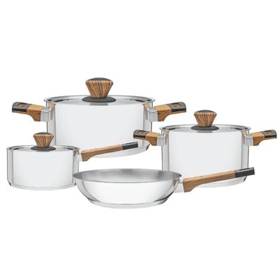 Jogo 4 Panelas Tramontina Brava Baquelite Aço Inox Fundo Triplo Cabos Alças Amadeirado