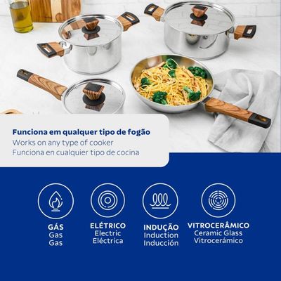 Jogo 4 Panelas Tramontina Brava Baquelite Aço Inox Fundo Triplo Cabos Alças Amadeirado
