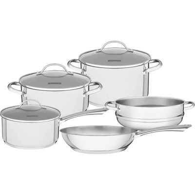Jogo de 5 Panelas Tramontina Una Aço Inox com Fundo Triplo Tampas de Vidro