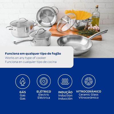 Jogo de 5 Panelas Tramontina Una Aço Inox com Fundo Triplo Tampas de Vidro