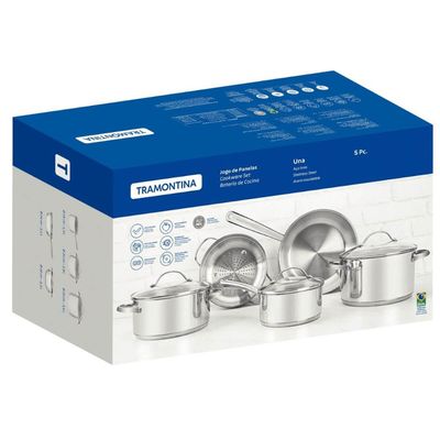 Jogo de 5 Panelas Tramontina Una Aço Inox com Fundo Triplo Tampas de Vidro