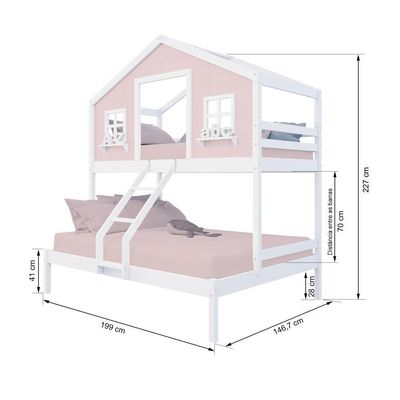 Beliche Casal/ Solteiro Casinha Dos Sonhos Madeira Maciça Rosa/ Branco Megamobilia