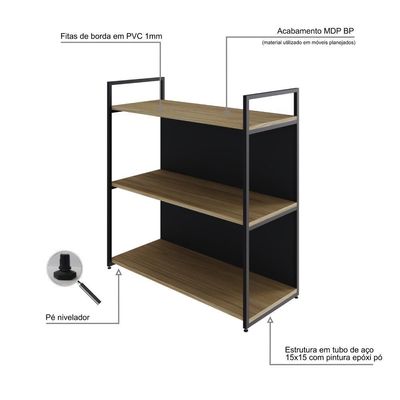Estante C/03 Prateleiras 84x80x33cm C/fundo Yon Vermont Oak/est.preta Vermont Oak/est.preta
