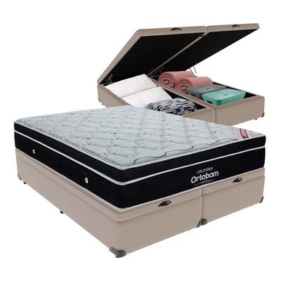 Cama + Box Com Bau Ortobom Colchão King Com Molas Ensacadas Bege