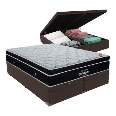 Colchão Elegant Ortobom E Base Com Baú Marrom King Com Molas Ensacadas