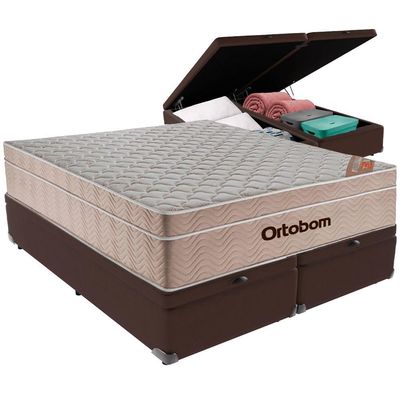 Cama Box Baú Marrom E Colchão Airtech Molas Ensacadas Queen Ortobom