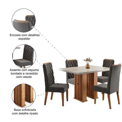 Conjunto De Mesa Sala De Jantar Tampo Com Vidro Mond 1,20m 4 Cadeiras Bele Veludo Viero Madeirado / Cinza