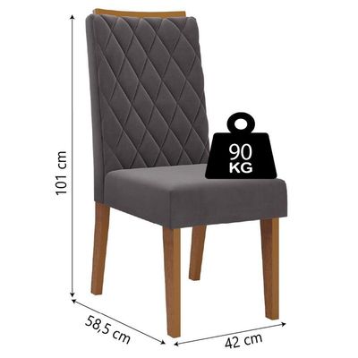 Conjunto De Mesa Sala De Jantar Tampo Com Vidro Mond 1,20m 4 Cadeiras Bele Veludo Viero Madeirado / Cinza