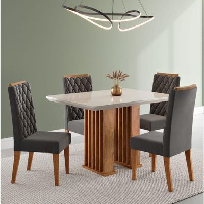 Conjunto De Mesa Sala De Jantar Tampo Com Vidro Mond 1,20m 4 Cadeiras Bele Veludo Viero Madeirado / Cinza