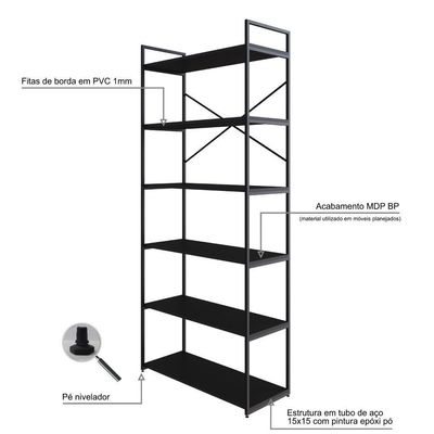 Estante Alta C/06 Prateleiras 185x80x33cm Yon Preto Tx/est.preta Preto Tx/est.preta
