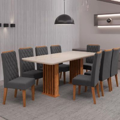Conjunto De Mesa Sala De Jantar Tampo Com Vidro Mond 2m 8 Cadeiras Bele Veludo Viero Madeirado / Cinza