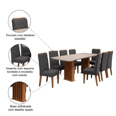Conjunto De Mesa Sala De Jantar Tampo Com Vidro Mond 2m 8 Cadeiras Bele Veludo Viero Madeirado / Cinza