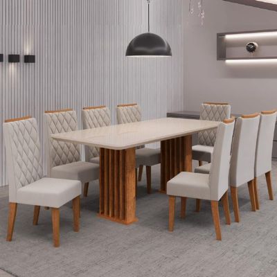 Conjunto De Mesa Sala De Jantar Tampo Com Vidro Mond 2m 8 Cadeiras Bele Veludo Viero Madeirado