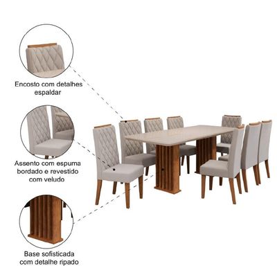 Conjunto De Mesa Sala De Jantar Tampo Com Vidro Mond 2m 8 Cadeiras Bele Veludo Viero Madeirado
