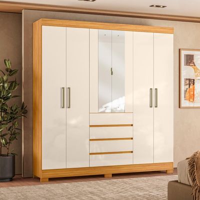 Guarda-Roupa Casal com Espelho Ópera 6 Portas 4 Gavetas Cinamomo e Off White