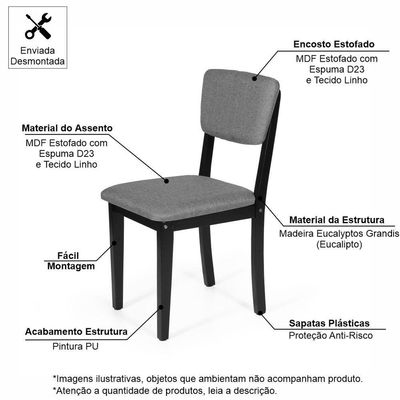 Mesa De Jantar Redonda Gabi Preta Com 4 Cadeiras Estofadas Ella Preto/cinza Escuro