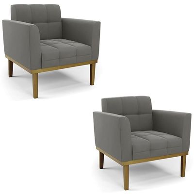Poltrona Base Madeira Castanho Kit 2 Ana Suede Grafite - Ibiza