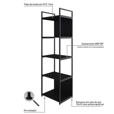 Estante C/05 Prateleiras 152x45x33cm C/fundo Yon Preto Tx/est.preta Preto Tx/est.preta