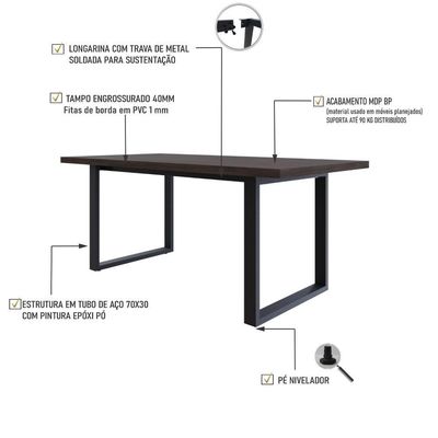 Mesa De Jantar Queens R 180x90x77cm Qemj9180r Terracota - Est.preta Terracota/est.preta