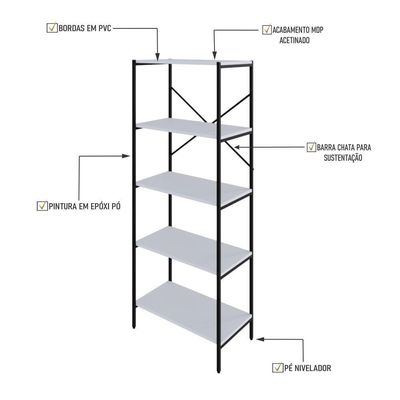 Estante C/05 Prateleiras 152x60x33cm Tub Tueh1565 Branco Chess - Est.preta Branco Chess / Est.preta